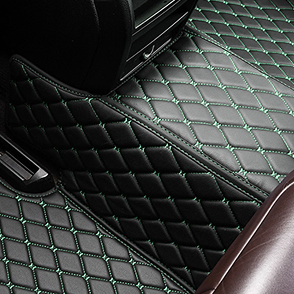 Black Leather and Green Stitching Diamond Car Mats - Indy Mats