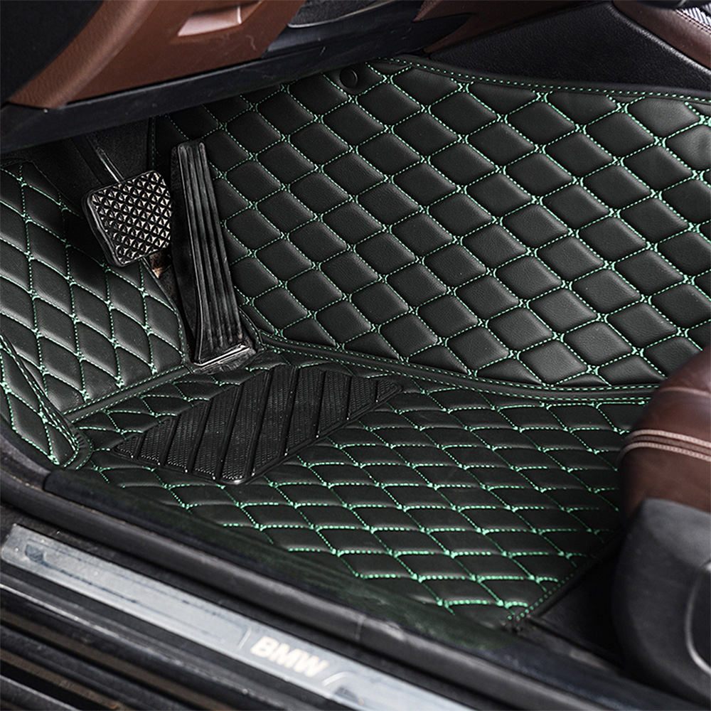 Black Leather and Green Stitching Diamond Car Mats - Indy Mats