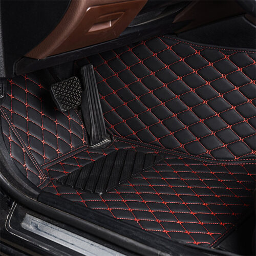 Black Leather and Red Stitching Diamond Car Mats - Indy Mats